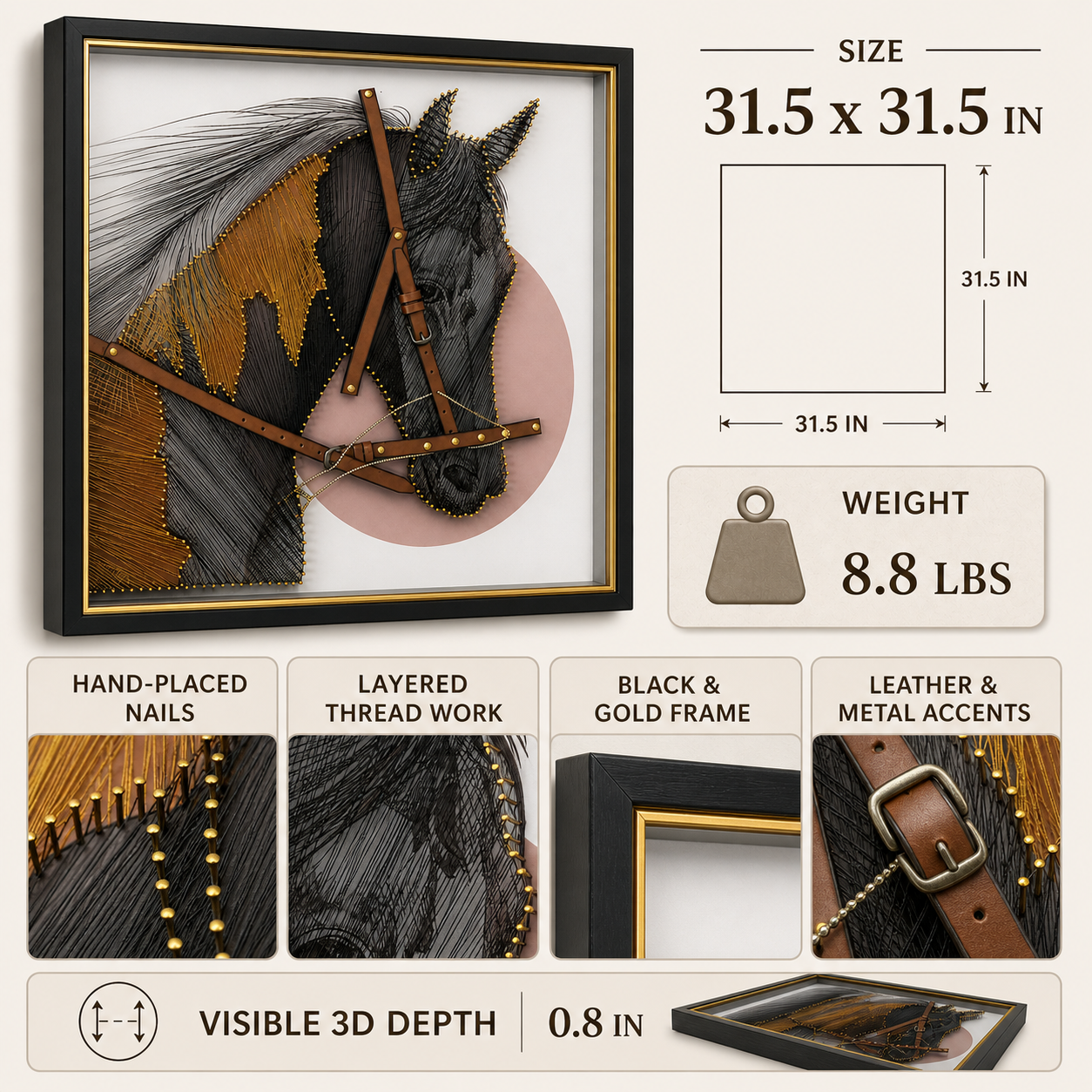 3D Horse Wall Art with Leather Details