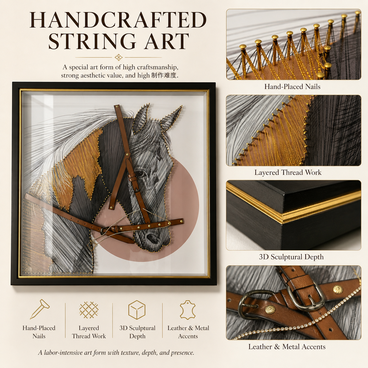 3D Horse Wall Art with Leather Details